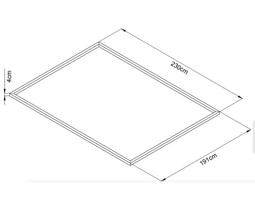 Imaginea unui cadru dreptunghiular din lemn cu dimensiunile de 230 cm pe 191 cm și o grosime a cadrului de 4 cm.