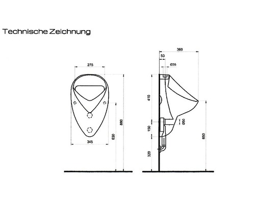 Desen tehnic al unui urinal cu dimensiuni