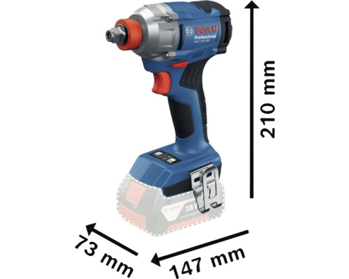 Mașină de înșurubat cu impact cu acumulator Bosch GDX 18V-285 cu dimensiunile de 210 mm înălțime, 147 mm lungime și 73 mm lățime
