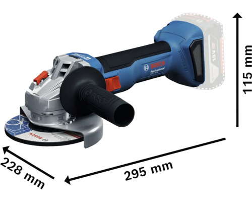 Polizor unghiular cu acumulator Bosch Professional cu dimensiuni