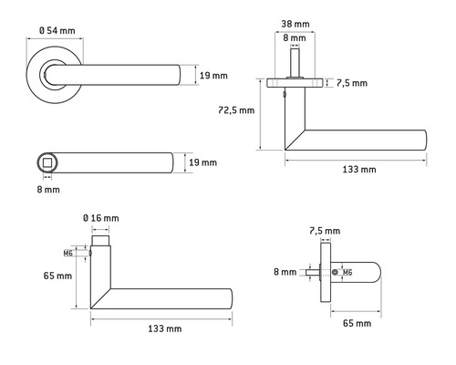 Desen tehnic al unui mâner de ușă cu dimensiuni