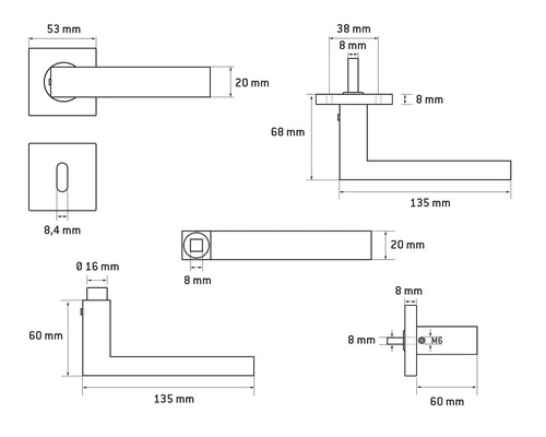 Desen tehnic al unui mâner de ușă cu indicații de măsurare