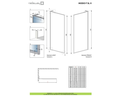Desen tehnic al ușii de duș Radaway Modo F SL II cu dimensiunile pentru versiunile stânga și dreapta