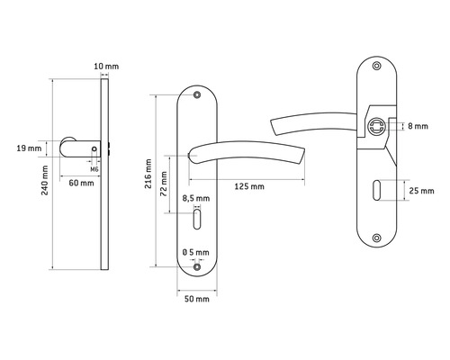 Desen tehnic al unui mâner de ușă cu dimensiuni.