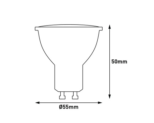 Desen al unei lămpi cu dimensiunile de 50 milimetri înălțime și 55 milimetri diametru