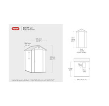 Logo Keter. Desen tehnic căsuță de grădină Darwin 4x6 cu dimensiunile produsului.