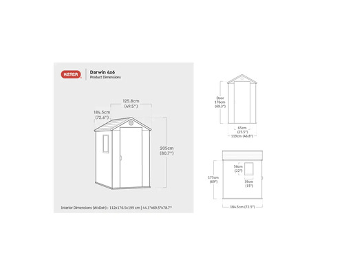 Logo Keter. Desen tehnic căsuță de grădină Darwin 4x6 cu dimensiunile produsului.