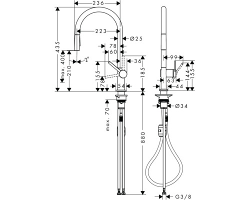 Desen dimensional al unui robinet de bucătărie cu dimensiunile corespunzătoare