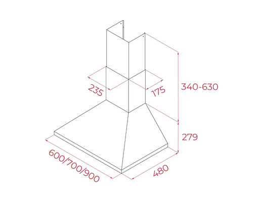 Desen tehnic al unei hote de aragaz cu dimensiuni