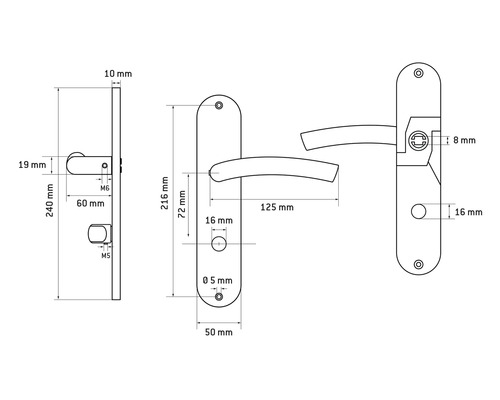 Desen tehnic al unui mâner de ușă cu dimensiuni