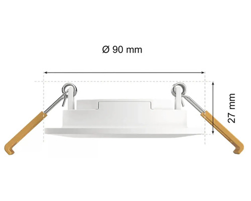 Spot încastrat cu dimensiunile de 90 milimetri diametru și 27 milimetri înălțime