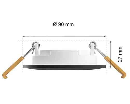 Desen dimensional al produsului pentru un spot rotund încastrat cu un diametru de 90 milimetri și o înălțime de 27 milimetri.