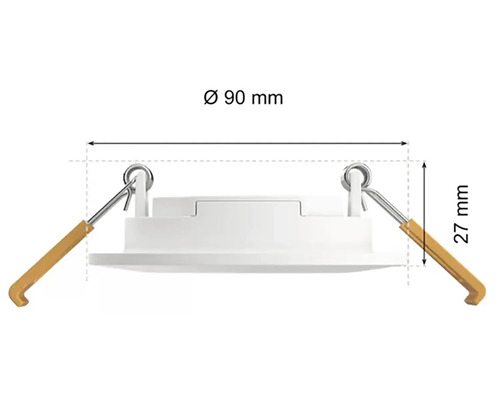 Spot încastrat cu dimensiunile de 90 mm în diametru și 27 mm înălțime