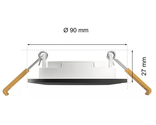 Spot încastrat cu un diametru de 90 de milimetri și o înălțime de 27 de milimetri.