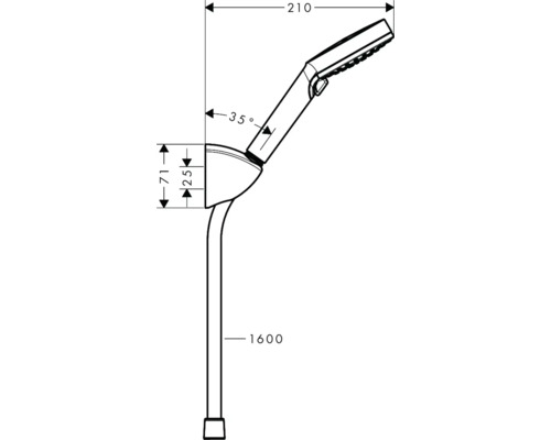 Desen tehnic al unei bare de duș cu duș de mână și indicații de dimensiuni.