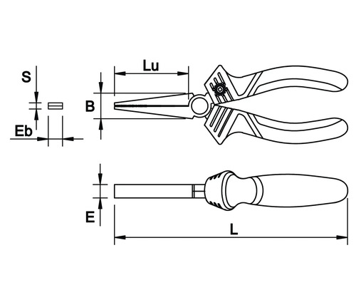 Desen tehnic al unui clește cu dimensiunile lungime, lățime și înălțime.