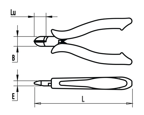 Imagine cu o schiță de clește lateral de tăiat cu indicații de măsurare