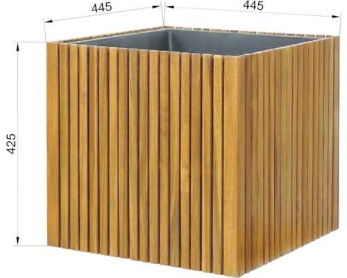 Jardiniere pătrată din lemn cu dimensiunile 445 x 445 x 425 mm.