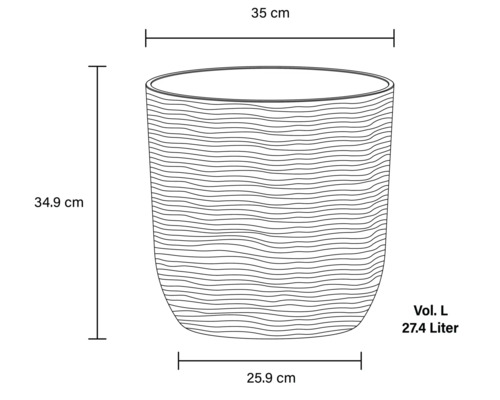 Schiță a unui vas de plantat cu dimensiunile de 35 cm lățime, 34,9 cm înălțime și un volum de 27,4 litri