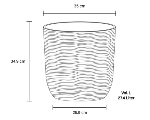 Desen tehnic al unui vas de plantare cu dimensiunile de 34,9 cm înălțime, 35 cm diametru sus, 25,9 cm diametru jos și un volum de 27,4 litri