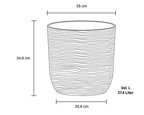 Desen tehnic al unui vas de flori cu dimensiunile de 35 centimetri diametru sus, 25,9 centimetri diametru jos, 34,9 centimetri înălțime și un volum de 27,4 litri.