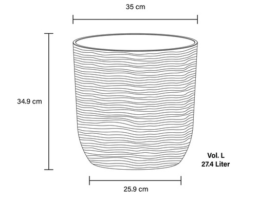 Imagine cu un ghiveci de flori cu dimensiunile de 35 cm lățime, 34,9 cm înălțime, 25,9 cm adâncime și un volum de 27,4 litri.