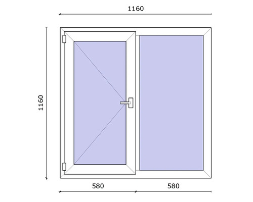 Desen tehnic al unei ferestre cu funcție de deschidere și basculare și canat fix cu dimensiuni