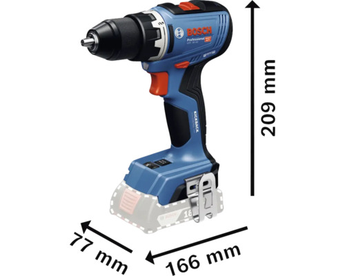 Mașină de găurit și înșurubat cu acumulator Bosch cu dimensiunile 209 mm înălțime, 166 mm lungime și 77 mm lățime.