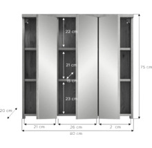 Dimensiunile unui dulap cu oglinzi, rafturi și trei uși.