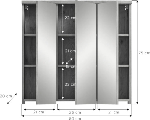 Dimensiunile unui dulap cu oglinzi, rafturi și trei uși.