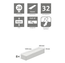 Informații despre laminat: Perioadă de garanție 20 de ani, format lamele Clasic, clasa de utilizare 32, grosime 8 mm, profil de montaj Clic it, suprafață antistatică și dimensiuni.