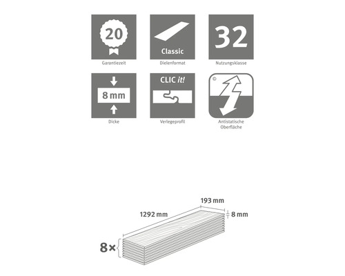 Caracteristici laminat: 20 de ani perioadă de garanție, format scândură Classic, clasa de utilizare 32, grosime de 8 milimetri, profil de montaj Clic it, suprafață antistatică, opt scânduri, 1292 milimetri lungime, 193 milimetri lățime