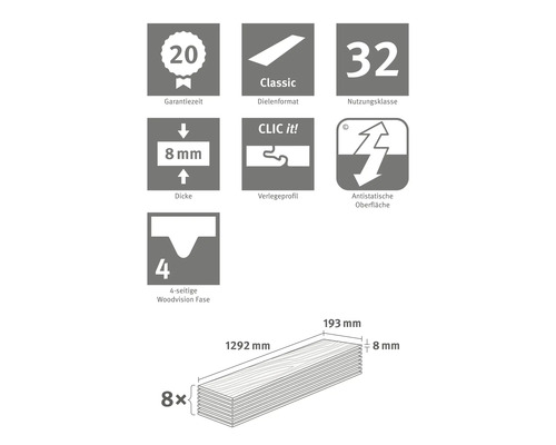 Informații despre perioada de garanție, formatul plăcilor, clasa de utilizare, grosime, profilul de instalare, suprafața antistatică și faza Woodvision