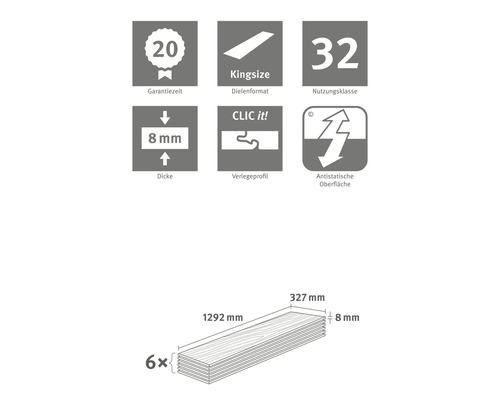 Informații despre perioada de garanție, formatul scândurilor, clasa de utilizare, grosime, profilul de montaj și suprafața antistatică.