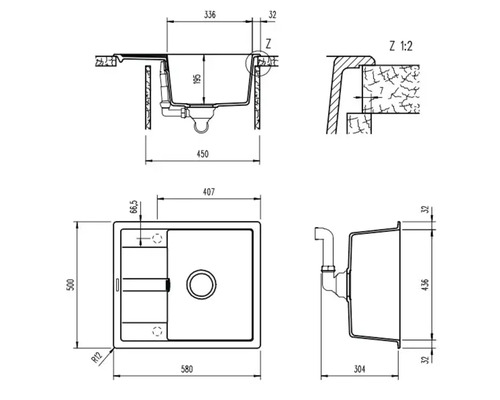 Desen tehnic al unei chiuvete cu dimensiuni