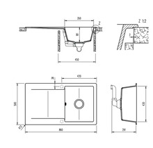 Desen tehnic cu dimensiunile unei chiuvete de bucătărie.