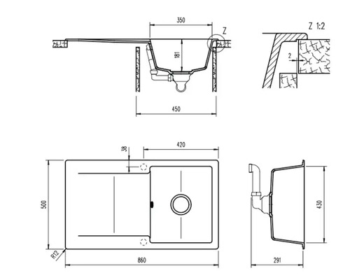 Desen tehnic cu dimensiunile unei chiuvete de bucătărie.