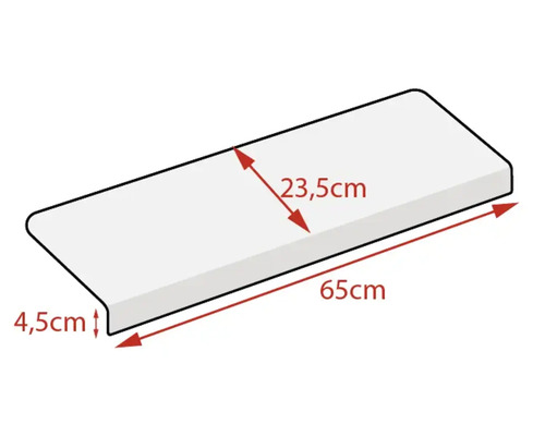 Glaf de fereastră cu dimensiunile 65 centimetri lungime, 23,5 centimetri lățime și 4,5 centimetri înălțime