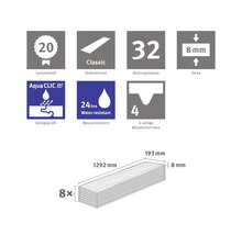 Garanție 20 ani, format scândură Classic, clasa de utilizare 32, grosime 8 mm, profil de instalare Aqua CLIC it!, rezistent la apă 24 ore, fază Woodvision pe 4 laturi, opt scânduri 1292 mm x 193 mm