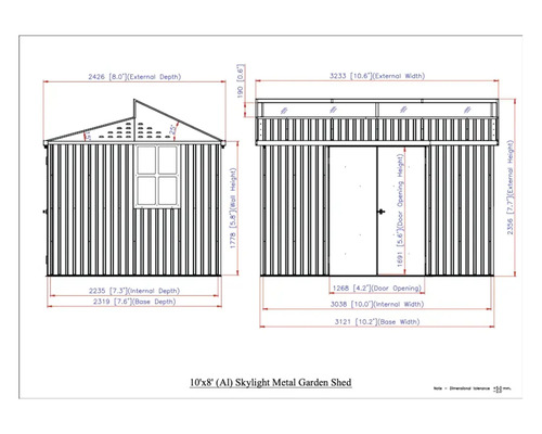 Desen tehnic al unei magazii metalice de grădină cu dimensiunile de circa 305 x 244 centimetri și luminator