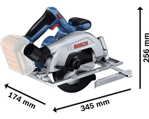 Fierăstrău circular manual cu acumulator Bosch cu dimensiunile de 174 mm, 345 mm și 256 mm