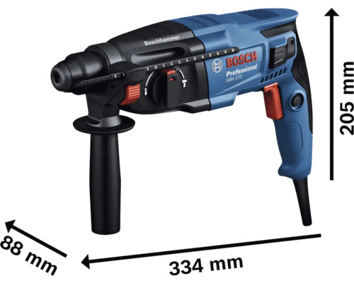 Ciocan rotopercutor profesional Bosch GBH 220 cu dimensiunile 334 x 88 x 205 milimetri.