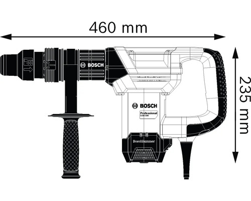 Imagine cu un ciocan demolator Bosch GSH 500 cu dimensiunile de 460 mm lățime și 235 mm înălțime