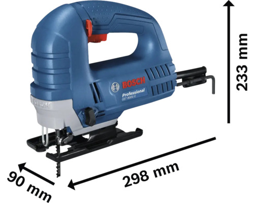 Fierăstrău vertical Bosch cu dimensiunile 233 mm înălțime, 298 mm lungime și 90 mm lățime.