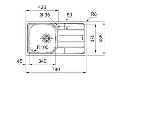 Desenul unei chiuvete cu dimensiunile 420, 780 și 435 milimetri
