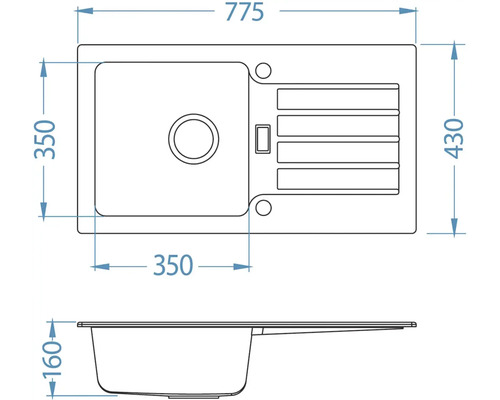 Desen tehnic al unei chiuvete de bucătărie cu dimensiunile de 775 x 430 x 160 mm