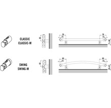 Reprezentare a construcției suporturilor de prosoape ale variantelor Classic-M și Swing-M cu indicații dimensionale.
