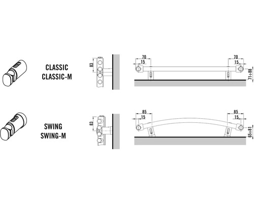 Reprezentare a construcției suporturilor de prosoape ale variantelor Classic-M și Swing-M cu indicații dimensionale.