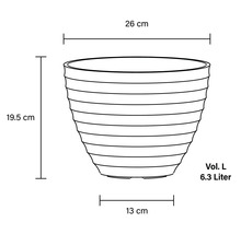 Desen tehnic al unui ghiveci de flori cu dimensiunile de 26 cm lățime, 19,5 cm înălțime și 13 cm adâncime, volum 6,3 litri