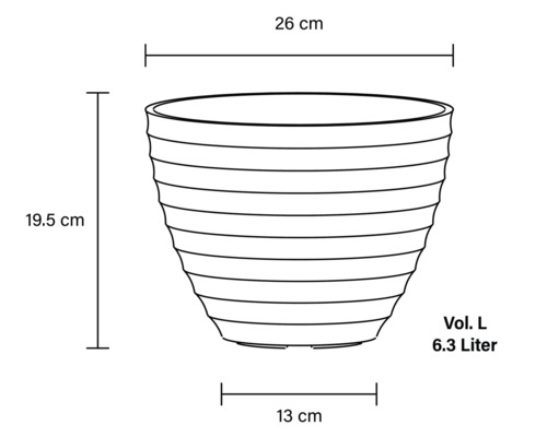 Desen tehnic al unui vas de plantare cu dimensiunile de 26 centimetri lățime, 19,5 centimetri înălțime și un volum de 6,3 litri